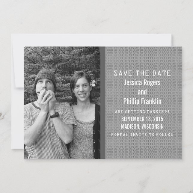 Gray Binary Code Photo Save the Date Invite (Front)