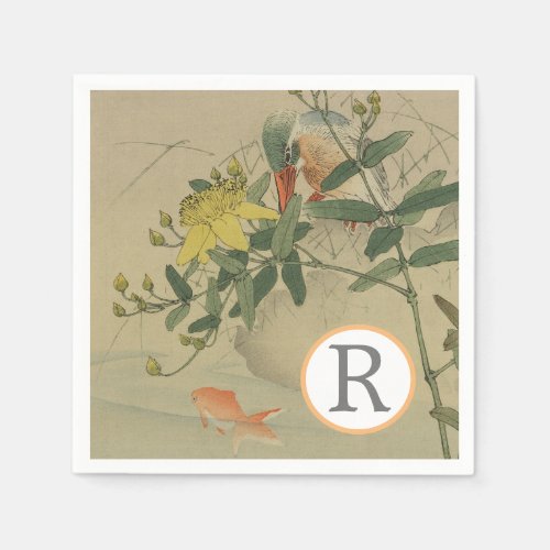 Gray Bird Goldfish Oriental Chinoiserie Nature Art Napkins