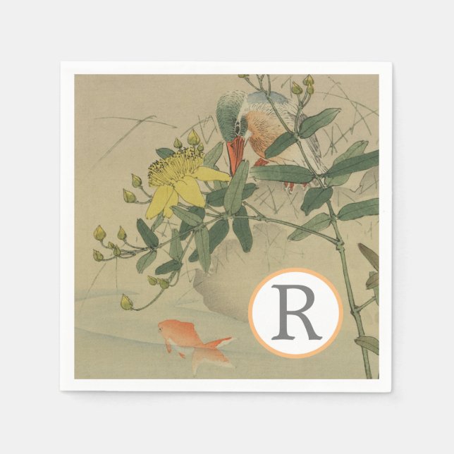 Gray Bird Goldfish Oriental Chinoiserie Nature Art Napkins (Front)