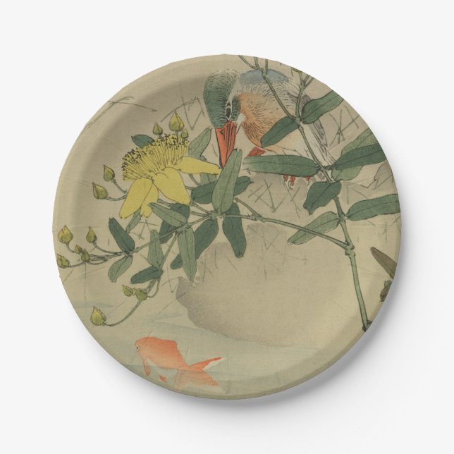 Gray Bird Goldfish Oriental Chinoiserie Nature Art Paper Plates (Front)