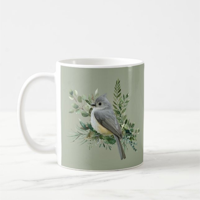 Gray Bird on Branch olive green background Mug (Left)