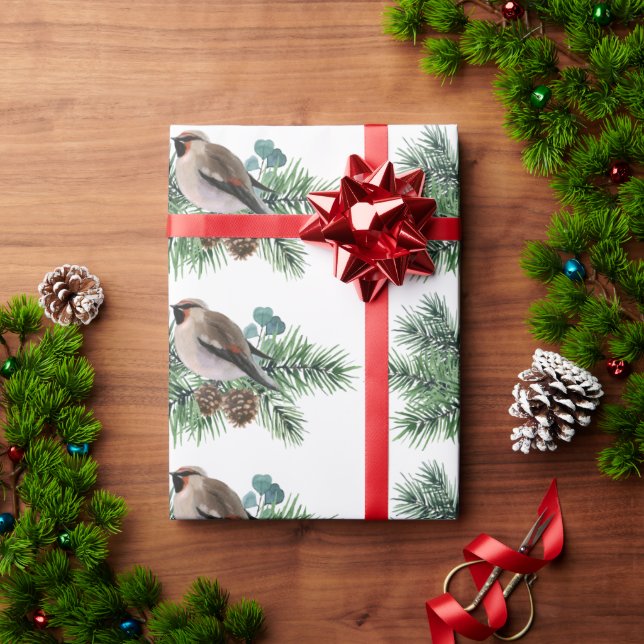 Gray Bird On Pine Cone Branch Wrapping Paper (Holiday Gift)