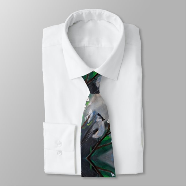 Gray Bird Painting Neck Tie (Tied)