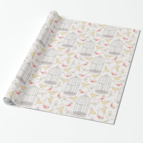 Gray Birdcages Yellow Birds on White Wrapping Paper