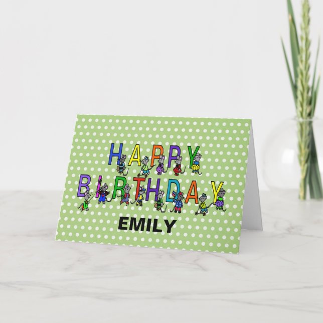 Gray Birthday Mice on Polka Dots   Card (Front)