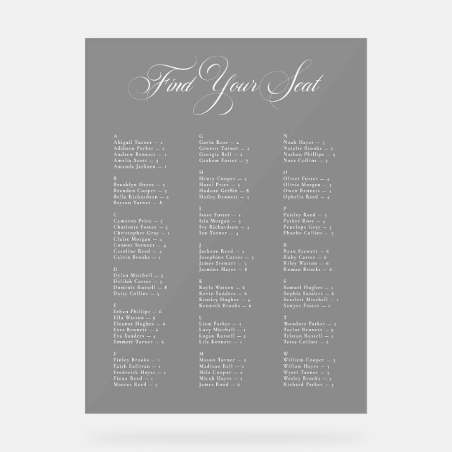 Gray Black Alphabetical Wedding Seating Chart (Front)