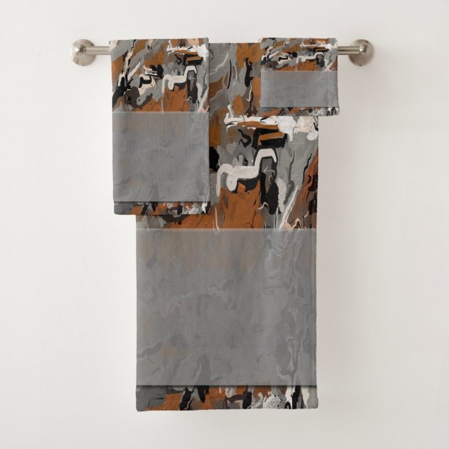 Gray, Black and Caramel Abstract Bath Towel Set (Insitu)