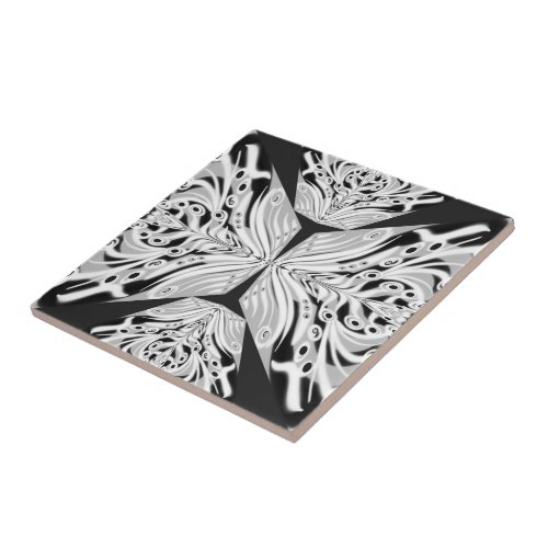 Gray Black And White Butterfly Winged Abstract Ceramic Tile