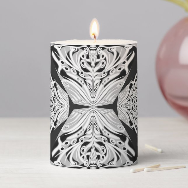 Gray Black And White Butterfly Winged Abstract  Pillar Candle (In Situ)