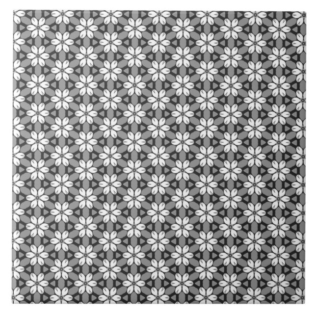 Gray, Black and White Floral Duvet Cover Ceramic Tile (Front)