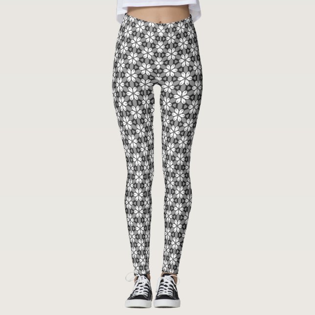 Gray, Black and White Floral Pattern Leggings (Front)