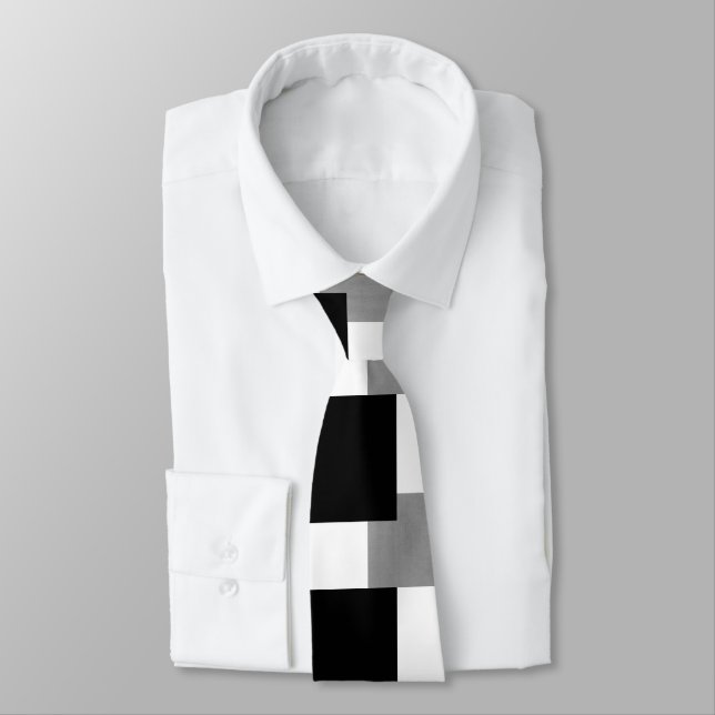Gray Black and White Geometric Block Pattern Neck Tie (Tied)