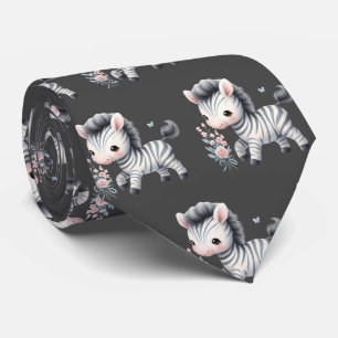 Gray Black and White Modern Kawaii Cute Zebras Neck Tie