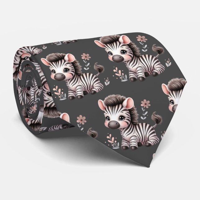 Gray Black and White Modern Kawaii Cute Zebras Neck Tie (Rolled)