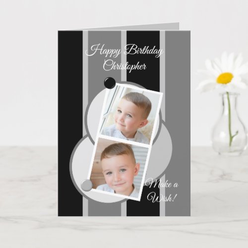 Gray black and white stripes photos birthday card