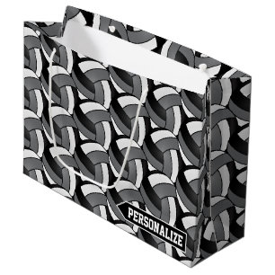 Gray, Black and White Volleyball - Personalize Large Gift Bag
