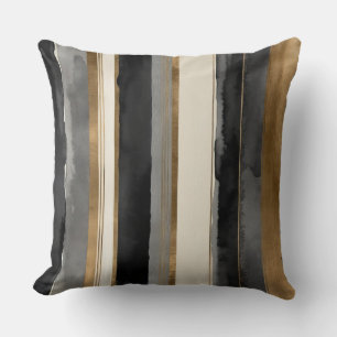 Gray black beige and gold stripes throw pillow