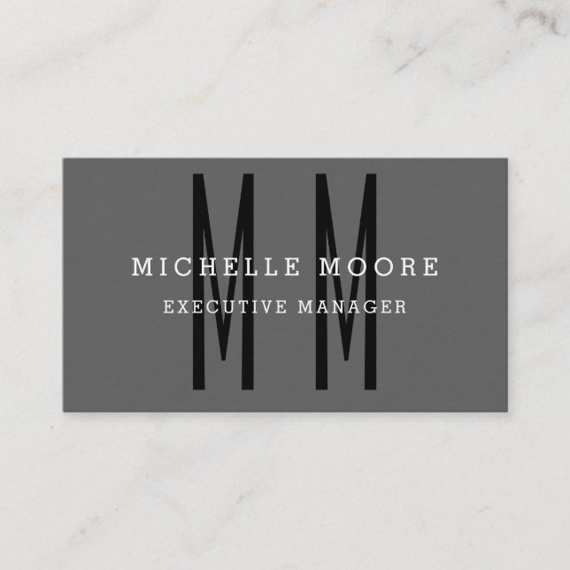 Gray Black Bold Monogram Minimalist Plain Simple Business Card (Front)