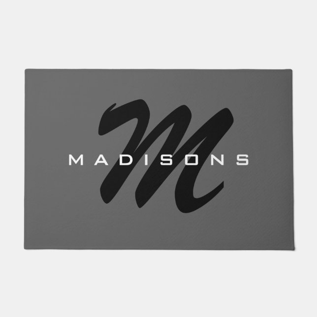 Gray Black Bold Monogram Modern Family Name Doormat (Front)