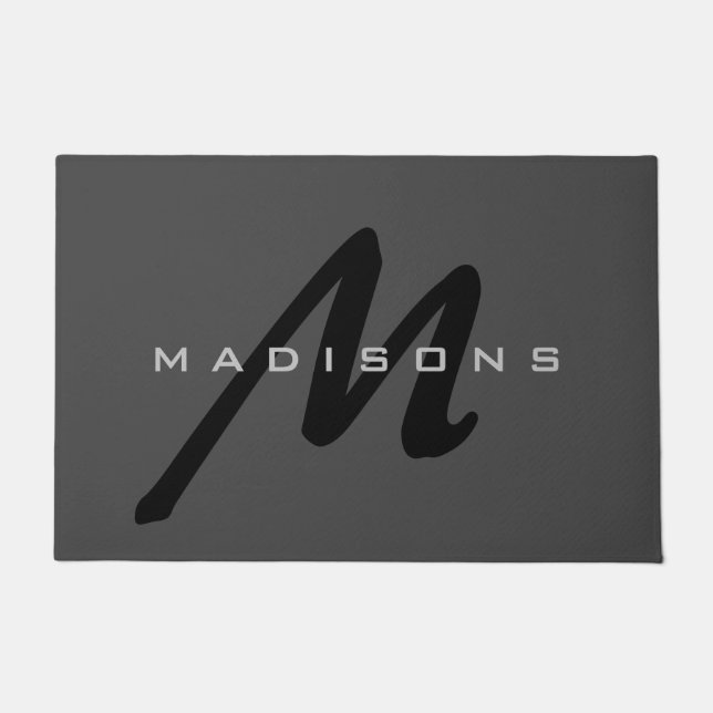 Gray Black Bold Monogram Modern Family Name Doormat (Front)