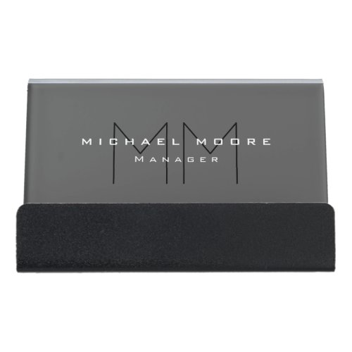 Gray Black Bold Monogram Modern Minimalist Desk Business Card Holder