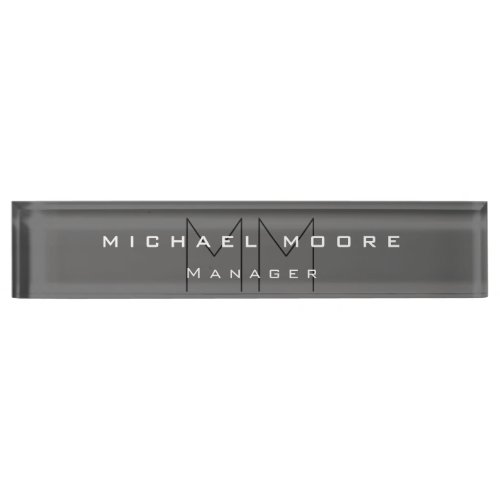 Gray Black Bold Monogram Modern Minimalist Desk Name Plate