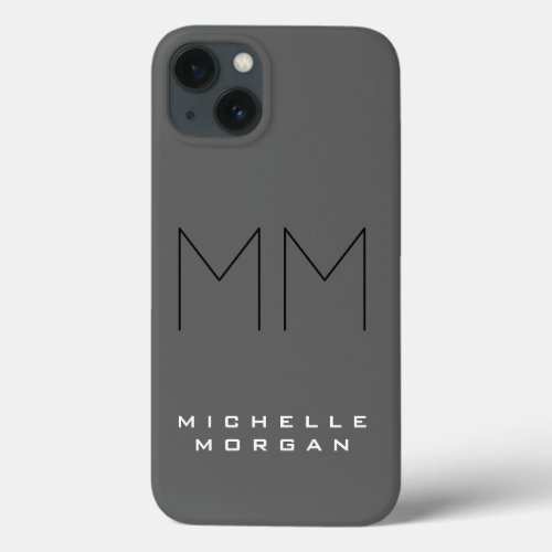 Gray Black Bold Monogram Modern Minimalist Name iPhone 13 Case
