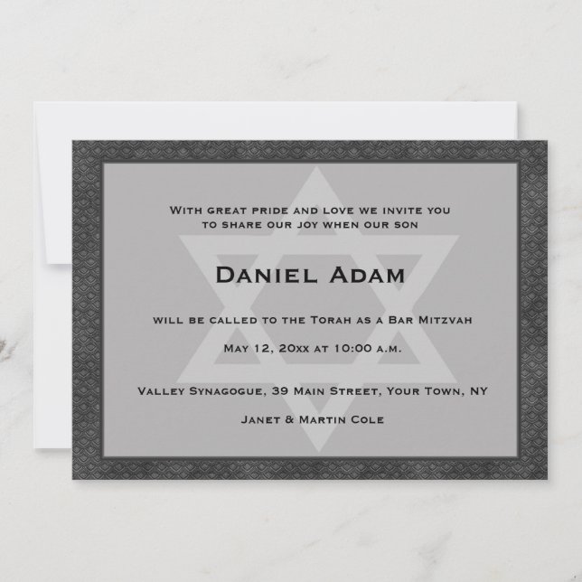 Gray, Black Border, Star, Bar Mitzvah Invitation (Front)