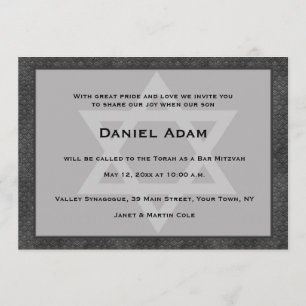 Gray, Black Border, Star, Bar Mitzvah Invitation