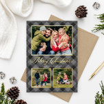 Gray Black Buffalo Plaid Christmas Photo Collage Foil Holiday Card<br><div class="desc">Modern and festive plaid photo holiday card features a collage of 3 photos framed by a border and accents of real gold foil and hand painted watercolor dark gray and black buffalo plaid check patterned background. Personalize the custom "Merriest Christmas" text with your preferred wording, family name, and the year....</div>