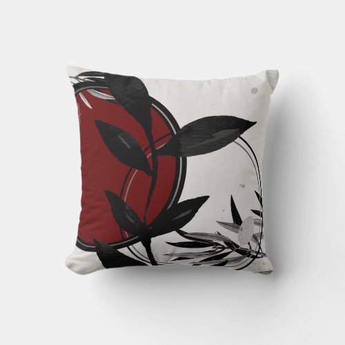 Gray Black  Burgundy Red Zen Watercolor Leaf Throw Pillow
