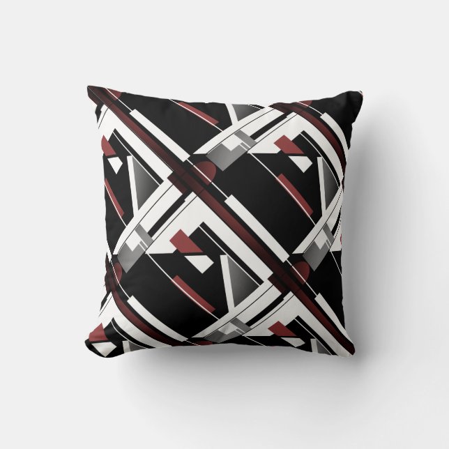 Gray Black Burgundy White Slanted Geometric Tiles Throw Pillow (Front)