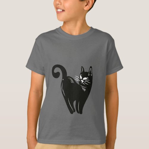 Gray Black Cat Minimal Halloween Kids T_Shirt