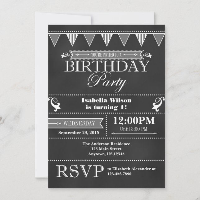 Gray Black Chalkboard Birthday Invitation (Front)