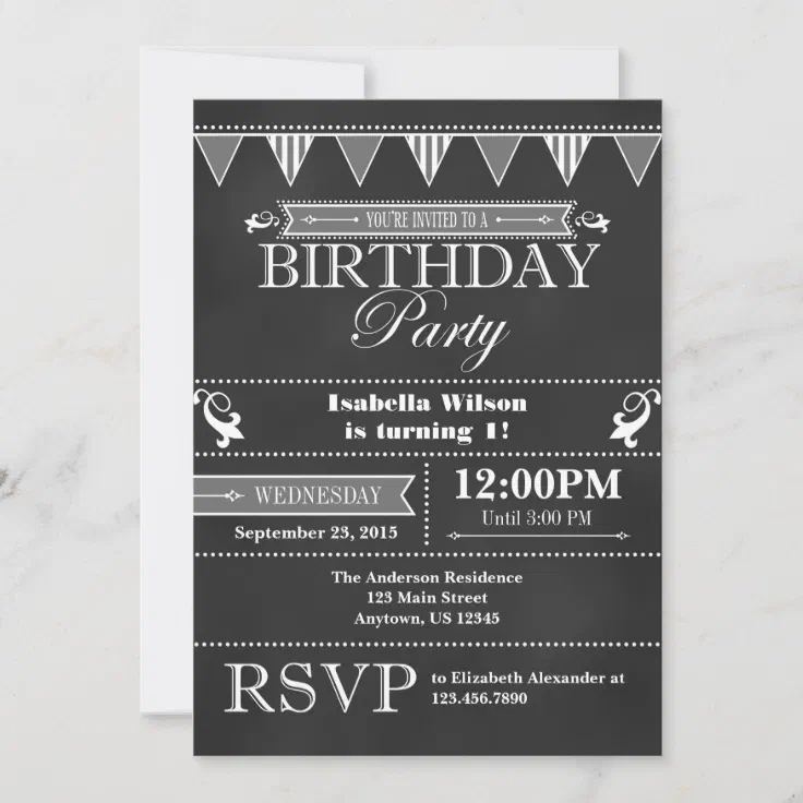 Gray Black Chalkboard Birthday Invitation | Zazzle