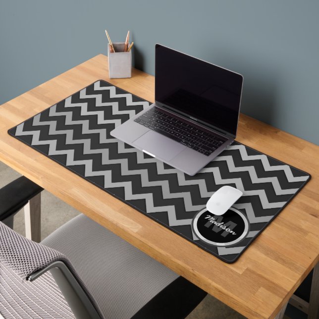 Gray black Chevron Cool retro Monogram Desk Mat (Office 2)