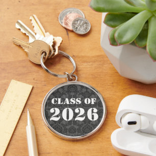Gray & Black Damask Class of Graduation Keychain