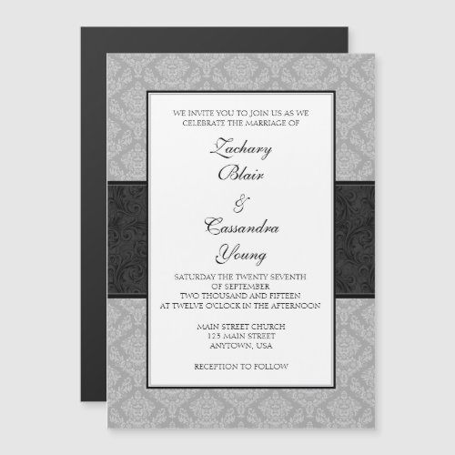 Gray Black Damask Magnetic Wedding Invites