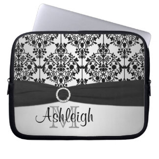 Gray Black Damask with FAUX Ribbon Laptop Sleeve