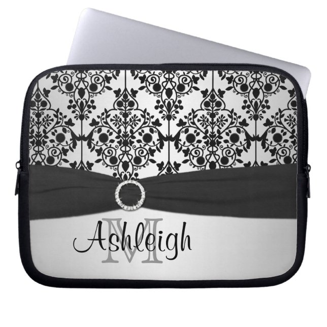 Gray Black Damask with FAUX Ribbon Laptop Sleeve (Front)