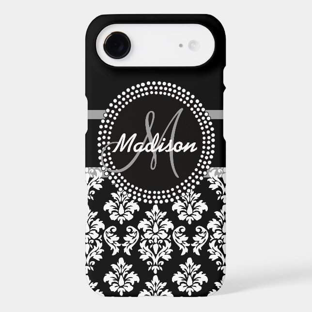 Gray Black Damask with Monogram Case-Mate iPhone Case (Back)