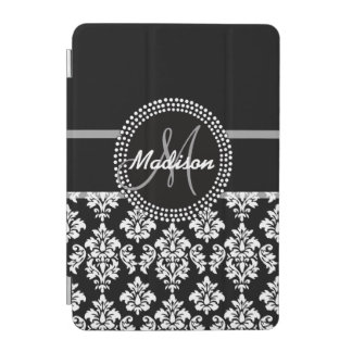 Gray Black Damask with Monogram iPad Mini Cover