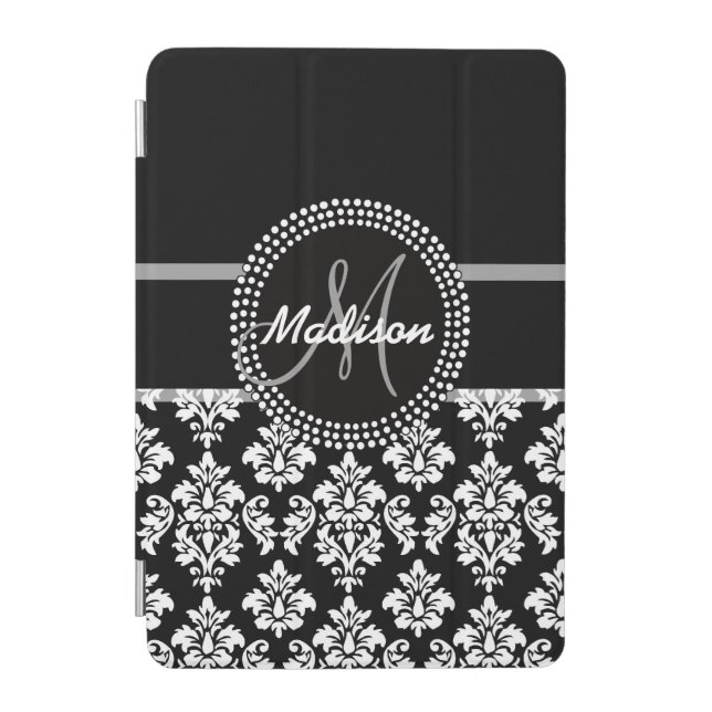 Gray Black Damask with Monogram iPad Mini Cover (Front)