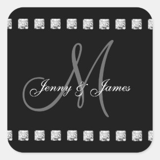 Gray Black Diamonds Monogram Names Wedding Square Sticker