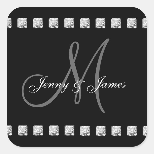 Gray Black Diamonds Monogram Names Wedding Square Sticker (Front)