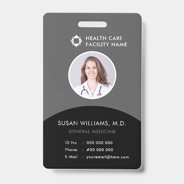 Gray Black Doctor Photo ID Healthcare Company Logo Badge (Front)