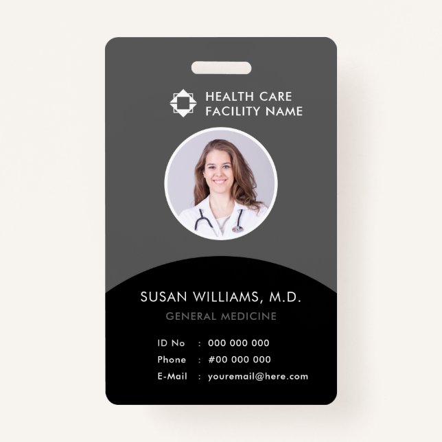 Gray Black Doctor Photo ID Healthcare Company Logo Badge (Front)