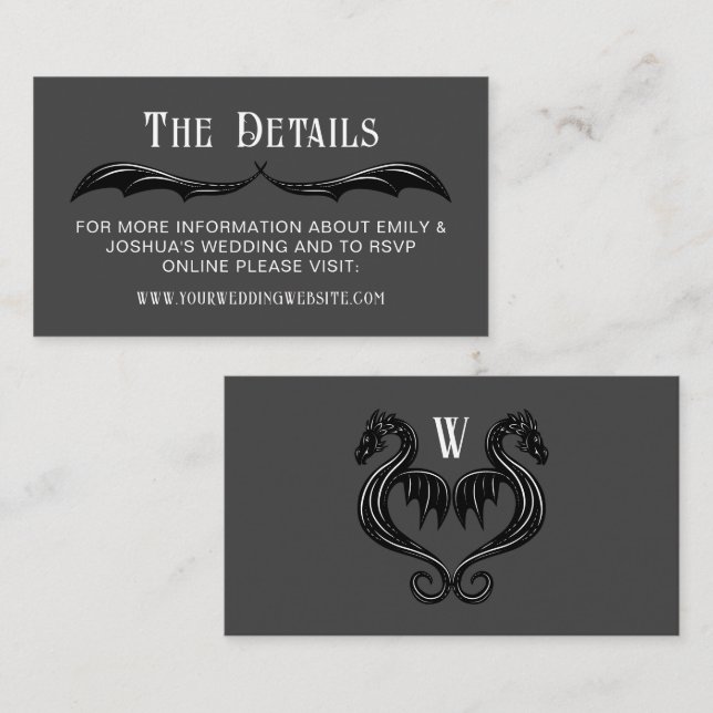 Gray Black Dragon Wings Fantasy Wedding Details Enclosure Card (Front/Back)
