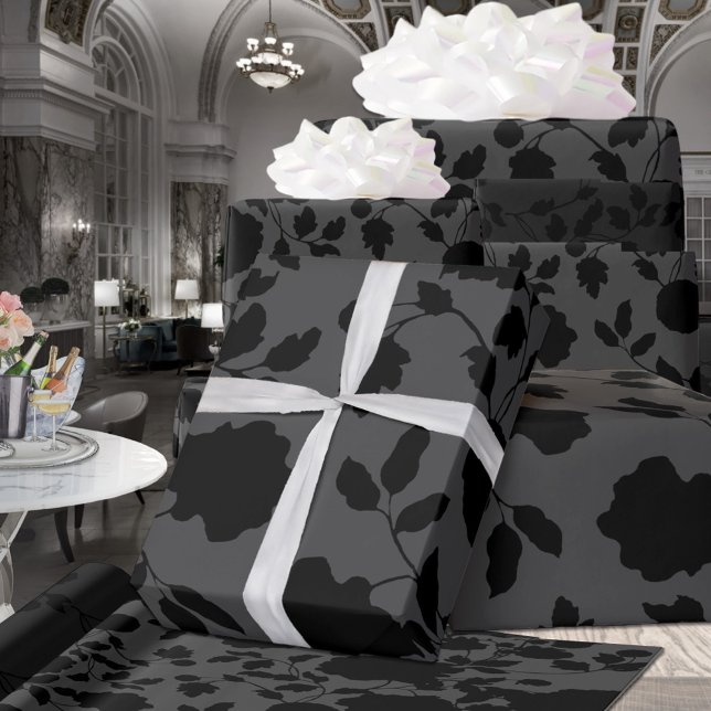 Gray & Black Floral Elegance Wedding  Wrapping Paper (Creator Uploaded)