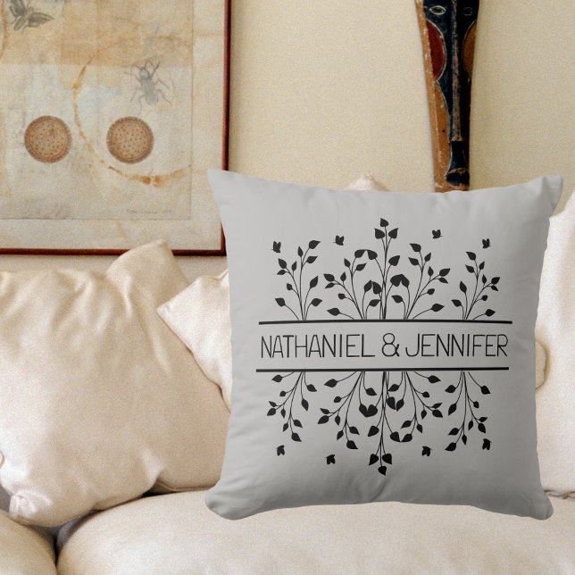 Gray & Black Floral Frame Monogram Wedding Throw Pillow (Creator Uploaded)